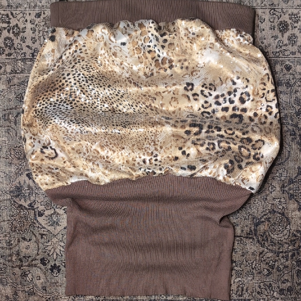 XOXO Sequin Leopard Print Tube Top with Brown Accents